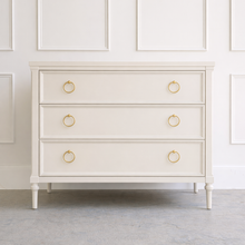 Load image into Gallery viewer, White Dove Boylan 3-drawer chest by Good Bones Furniture, featuring an elegant lacquered finish, traditional proportions, and solid mahogany construction in Raleigh, North Carolina.
