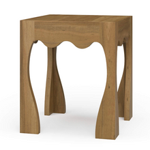 Load image into Gallery viewer, Chloe End Table in Antique French Oak, a solid mahogany accent table with sculpted curved legs and scalloped apron, designed for living rooms and bedrooms.
