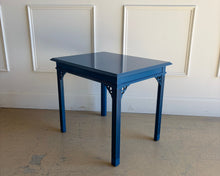 Load image into Gallery viewer, Angled view of vintage lacquered side table in Benjamin Moore New York State of Mind, featuring fluted legs and timeless detailing with a modern high-sheen finish.
