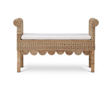 Load image into Gallery viewer, Newport Scalloped Bench in natural rattan with Arctic White performance fabric cushion, front view showcasing rolled arms, scalloped apron, and refined woven craftsmanship by Good Bones Furniture.
