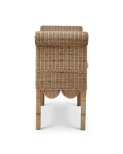 Load image into Gallery viewer, Side profile of the Newport Scalloped Bench highlighting rolled rattan arm detail, turned legs, and airy woven construction with Arctic White cushion.

