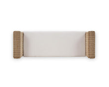 Load image into Gallery viewer, Top view of the Newport Scalloped Bench showing tailored Arctic White performance fabric cushion framed by handwoven natural rattan arms.
