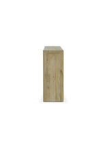 Load image into Gallery viewer, End view of the Tuscan Rustic Distressed Console highlighting solid teak block leg construction and natural wood grain
