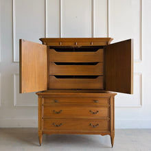 Load image into Gallery viewer, This vintage armoire by American of Martinsville is a beautifully made storage piece with the kind of quality and proportion that make it ideal for a custom lacquer finish. The clean, tailored silhouette feels classic but versatile, while the upper cabinet and three lower drawers provide practical, concealed storage for clothing, linens, office supplies, or media. Good Bones Furniture
