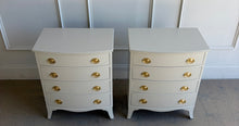 Load image into Gallery viewer, A classic, genuine mahogany vintage pair with timeless Chippendale-inspired styling—gently shaped drawer fronts, refined proportions, and graceful bracket-style legs. Professionally lacquered in Benjamin Moore Revere Pewter, a warm greige that reads sophisticated and neutral, and finished with traditional oval Hepplewhite pulls for an elevated, heritage look that still feels fresh in today’s interiors. Good Bones Furniture
