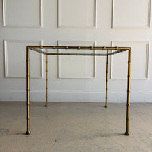 Load image into Gallery viewer, Woodbridge Lacoste Game Table in brass with faux bamboo turning, Regency-inspired square frame shown as a like-new showroom sample.
